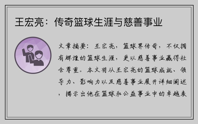 王宏亮：传奇篮球生涯与慈善事业