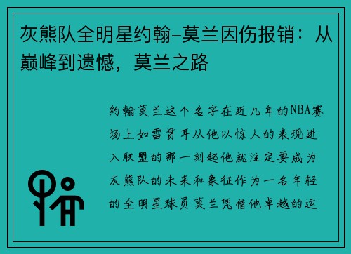 灰熊队全明星约翰-莫兰因伤报销：从巅峰到遗憾，莫兰之路