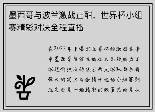 墨西哥与波兰激战正酣，世界杯小组赛精彩对决全程直播